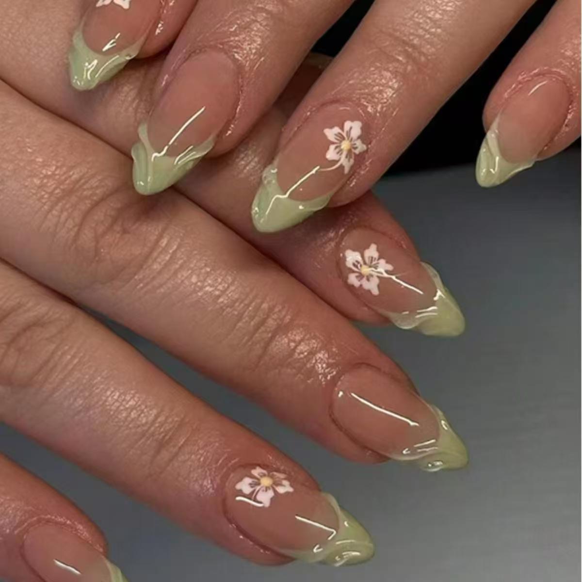 Nail Art Oval - 24 шт., простые зеленые французские накладные